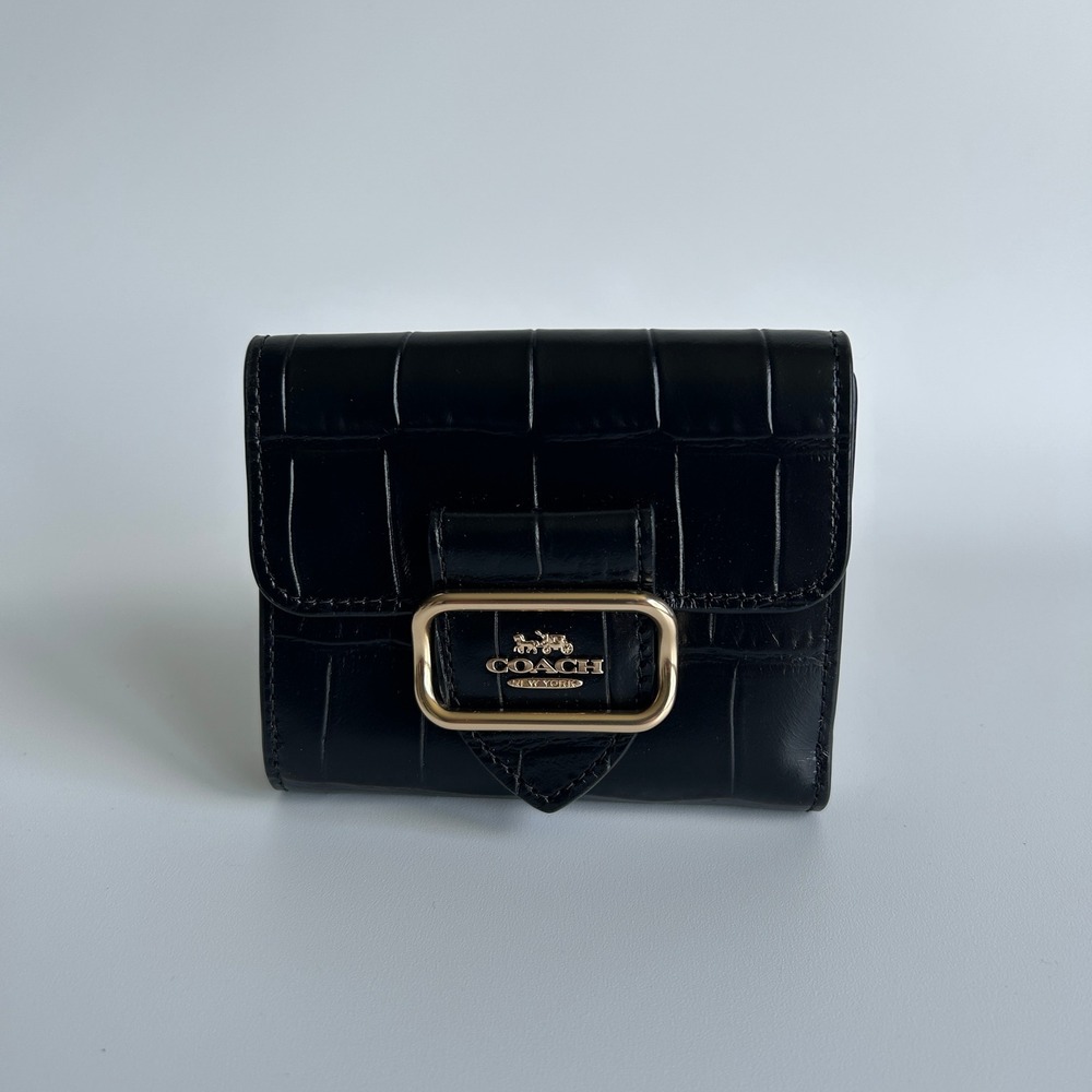 Coach Morgan Black Croc Embossed Leather Small Wallet Excellent